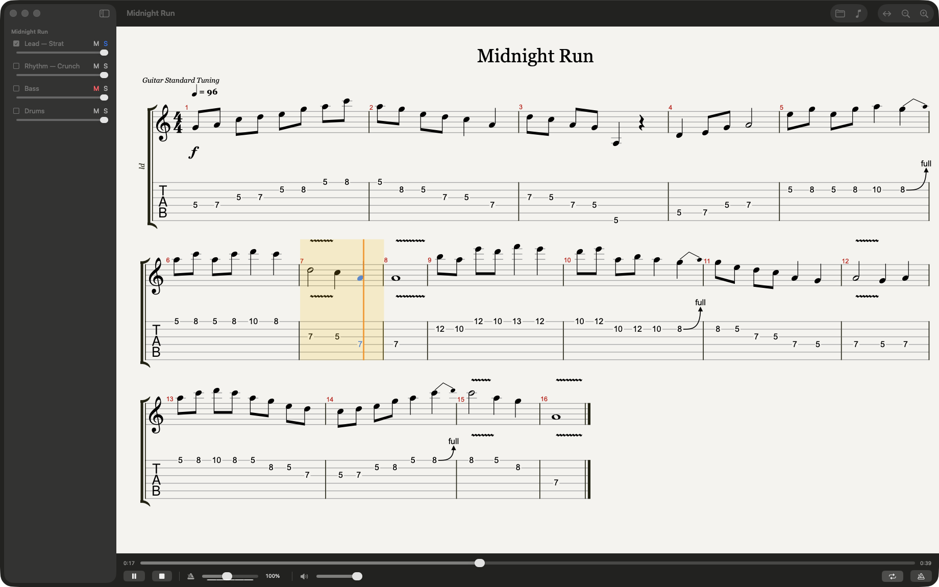 The TurboGuitar window. A sidebar lists four tracks — Lead soloed, Bass muted — while the score shows Midnight Run as standard notation and TAB with the playback cursor moving through bar 7. A transport bar with tempo and volume sliders sits below.