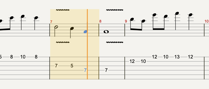 The converted score playing in TurboGuitar: the current bar is highlighted amber with the playback cursor on the third beat.