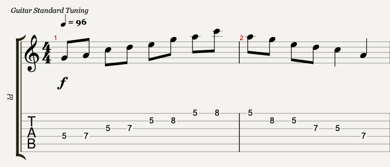Two bars of sheet music: standard notation on top, guitar TAB below.